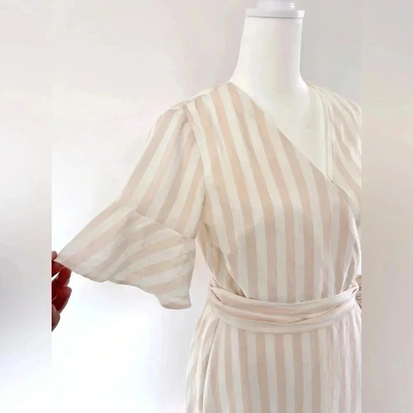 Rachel Parcell Linen Blend Wrap Dress Pink and White‎ Striped Ruffle Midi Small - Picture 4 of 13